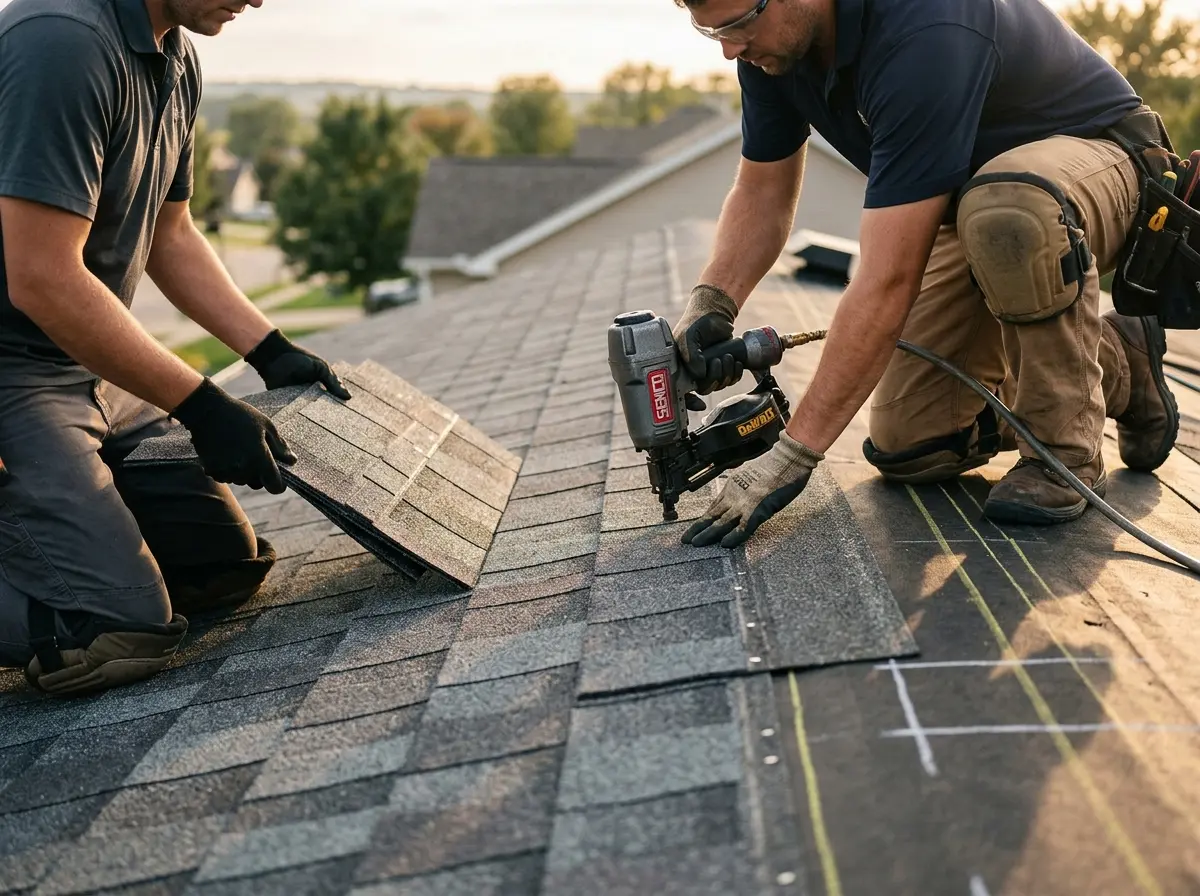 Professional roofer working on a residential roof in George Mason